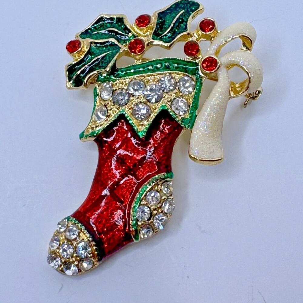 Tanya Creations Christmas Brooch Pin Stocking Holly Enamel Rhinestones 2.25 in - Picture 3 of 6